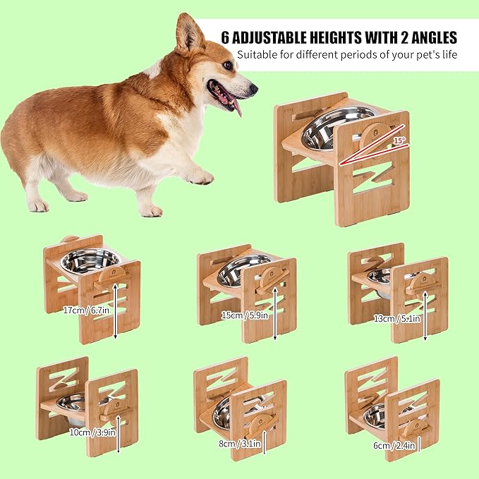 Elevated Dog Bowl, 6 Heights Adjustable Raised Dog Bowl 2.4″-6.7″, with Food Grade 304 Stainless Steel 15 OZ, Bamboo Dog Bowl Stand for Small & Medium Dogs Cats, 1 Pack