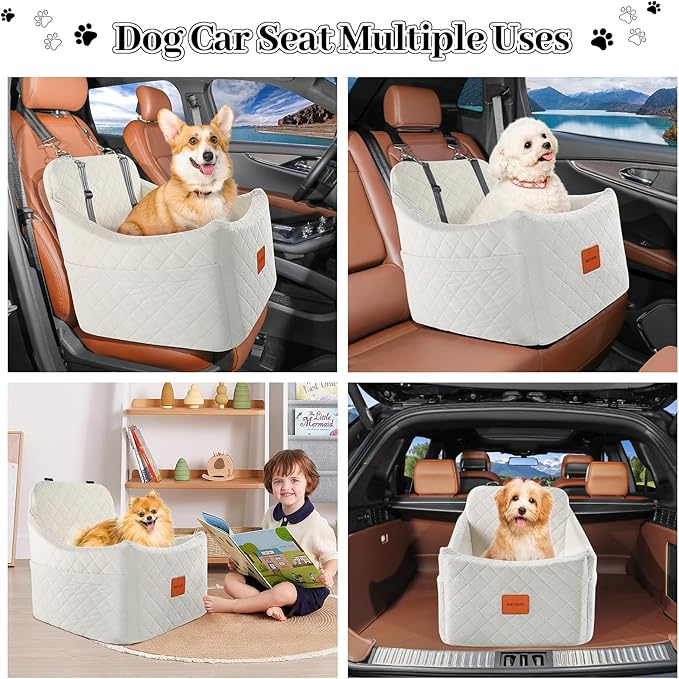 Dog Car Seat for Dogs up to 35lbs, Small Medium Dog Booster Seat with Adjustable Straps and Anti Slip Bottom,Fully Detachable Washable Pet Car Seat with 2 Storage Pockets (Beige, Medium)