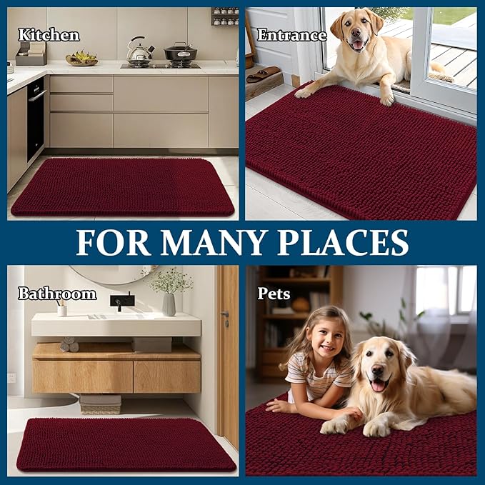 OLANLY Dog Door Mat for Muddy Paws 54x24, Absorbs Moisture and Dirt, Absorbent Non-Slip Washable Doormat, Quick Dry Chenille Mud Mat for Dogs, Entry Indoor Entryway Carpet for Inside Floor, Burgundy