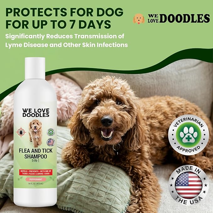 We Love Doodles Flea Shampoo for Dogs - Stops Fleas & Ticks for Dogs, Natural, Safe & Effective Lice Treatment, Soothing Shampoo for Sensitive Skin, Made in USA, 16 oz