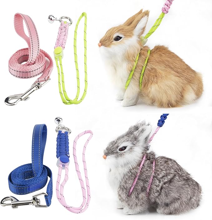 2pcs Figure 8 Harness and Leash with Reflective Strap and Bell for Ferrets, Rabbits, Bearded Dragon, Guinea Pig, Chinchilla and Hamster Small Animal Harness (Blue+Pink)
