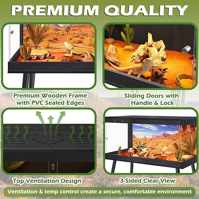 Royxen Tempered Glass Bearded Dragon Tank,33 Gallon Reptile Tank with Leg Stand,Built-in Lighting Reptile Enclosure Scartch-Proof Bearded Dragon Encloure for Chameleon,Lizard(Black,32"x 16"x 16")