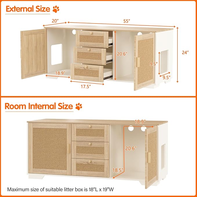 Cat Litter Box Enclosure Furniture Hidden Indoor 2-in-1 Wooden Cat & Washroom Cabinet with Scratching Board Doors and 3 Drawer for 2 Cats, 55"x20"x24"H