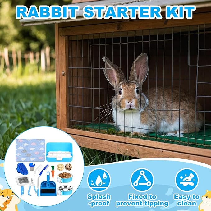 15 Pcs Rabbit Starter Kit Small Rabbit Litter Box Animal Grooming Kit Bunny Toys Bowl Blankets with Cleaning Set for Guinea Pig Accessories (Light Blue)