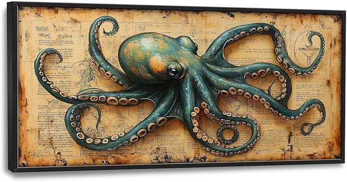 Large Octopus Nautical Wall Art for Living Room, Vintage Ocean Canvas Oversized Wall Decor, Rustic Sea Animal Framed Pictures Painting Print Artwork for Bedroom Office 60"L x 30"W