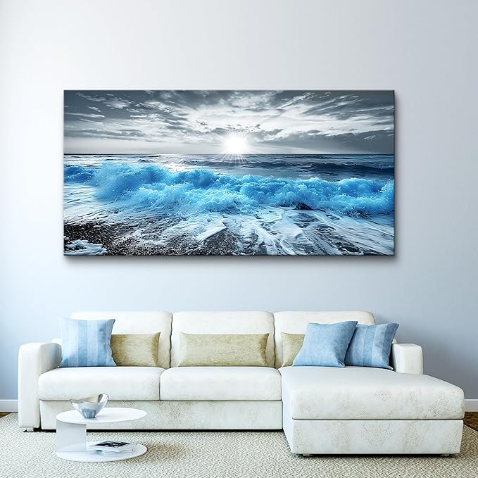 Lapremoly Large Canvas Wall Decor For Office Framed Wall Art For Living Room Blue Beach Painting Ocean Sea Waves Wall Pictures Bedroom Home Decorations Prints Posters Mural Artwork Ready to hang