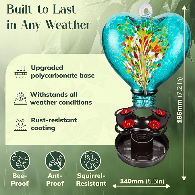 Hand Blown Glass Hummingbird Feeder for Outdoors All Season Use - 28 Fl. Oz. Leak Proof Hummingbird Feeder with Rust Proof Base - Includes Ant Moat, Ant & Bee Proof (Teal)