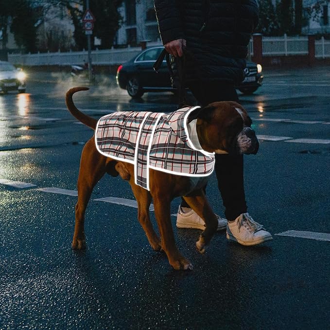 Dog Rain Coat for Large Dogs Waterproof Hooded Rain Jacket with Reflective Strips Leash Hole & Poncho Adjustable Fit (Plaid,XL)