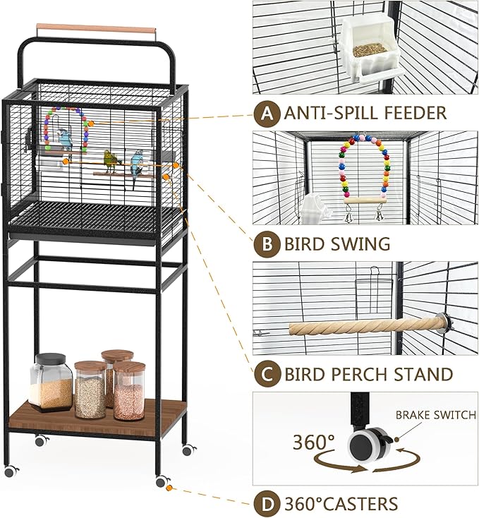 Bird Wrought Iron Cage, Home Style Detachable Travel Birdcage for Small and Medium Birds Parrots Lovebird Conures Cockatiel,Black,52-Inch