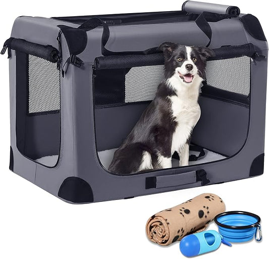 Petprsco Portable Dog Crate - 32"x23"x23" Collapsible Dog Travel Crate for Medium/Large Dogs with Soft Blanket, Foldable Bowl & Poop Bag Dispenser - Indoor & Outdoor Use