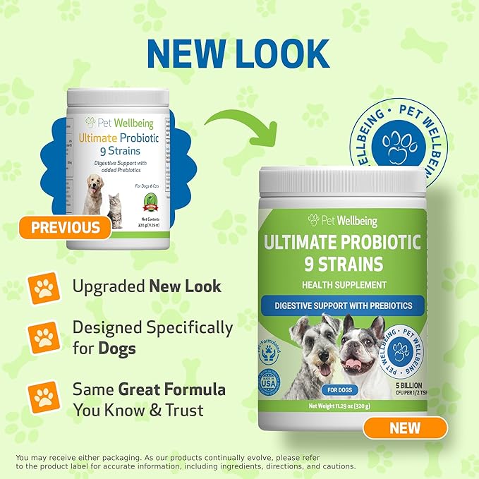 Pet Wellbeing Ultimate Probiotic 9 Strains for Dogs & Cats - Supports The Gut Microbiome and Digestion, Immune System Care, Urinary Tract Health, FOS, 2.5 Billion CFU - 11.29 oz (320 g) Powder