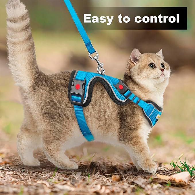 Cat Harness and Leash for Walking, Retractable Cat Harnesses and Leash Set Escape Proof, Breathable Soft Kitten Small Large Harness for Travel Training and Walking, Blue, M