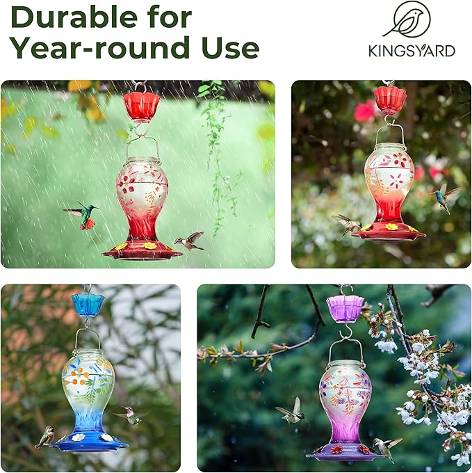 Kingsyard Hummingbird Feeder for Outdoors, Glass 26 oz Leak Proof Feeder with Ant Moat & 6 Ports, Hanging Bird Feeder for Garden Decor, Red