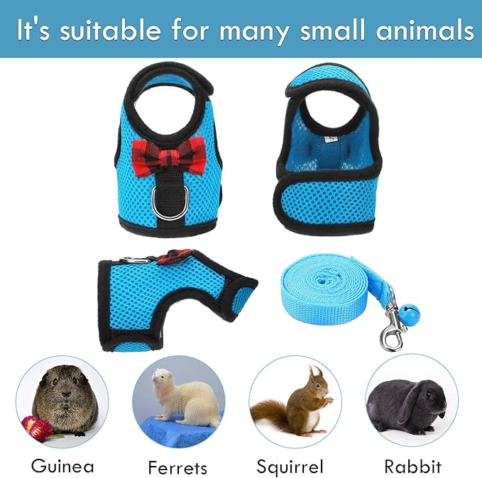 4 Pieces Guinea Pig Harness and Leash Soft Mesh Small Pet Harness with Bowknot Bell, No Pulling Comfort Padded Vest for Guinea Pigs, Ferret, Chinchilla, Bunny, Rats, Iguana, Hamster