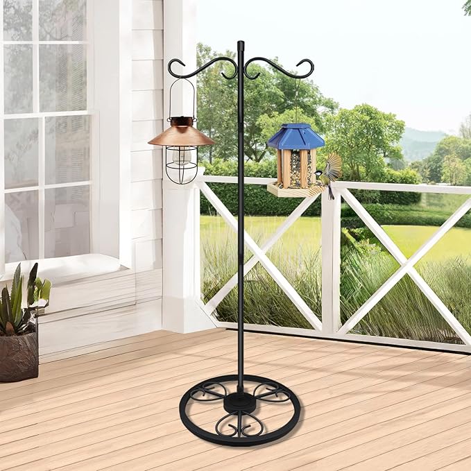 58'' Double Shepherds Hooks for Outdoor, Adjustable Freestanding Shepherds Hook with Base for Wind Chime, Bird Feeder, Lantern for Indoor & Outdoor Garden Patio Home Decor