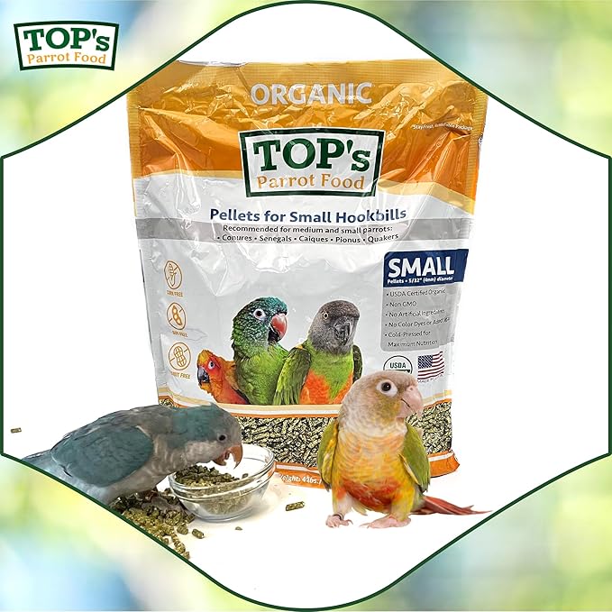 TOP's Parrot Food Bird Pellets for Small Hookbills - Non-GMO, Peanut Soy & Corn Free, USDA Organic Certified (10lbs)