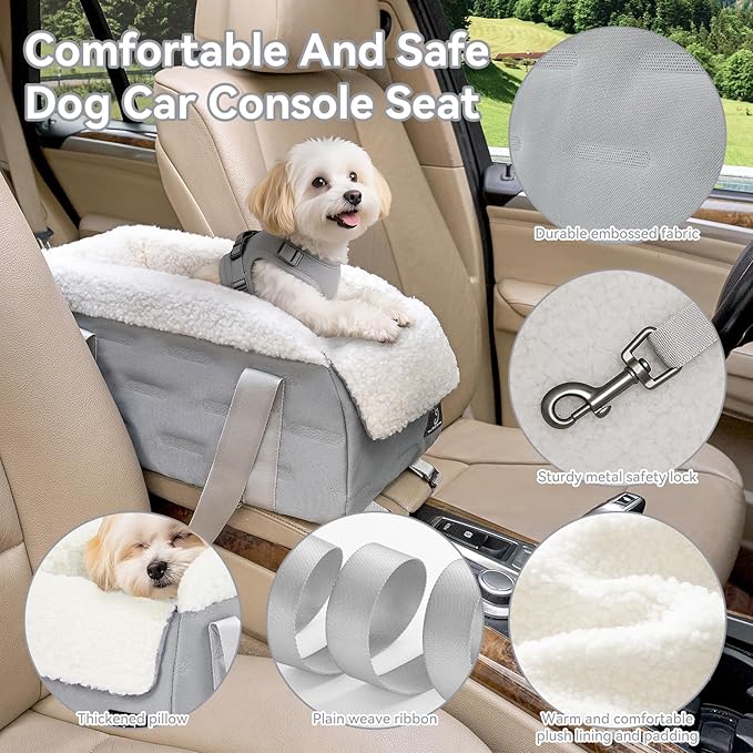 A 4 Pet Center Console Dog Car Seat for Small Dogs Cats, Booster Seat for Puppy with Safety Tethers, Pet Car Seat with Safe Protective Hooks,Washable Cushion - Portable Carrier for Pets Up to 8 Lbs
