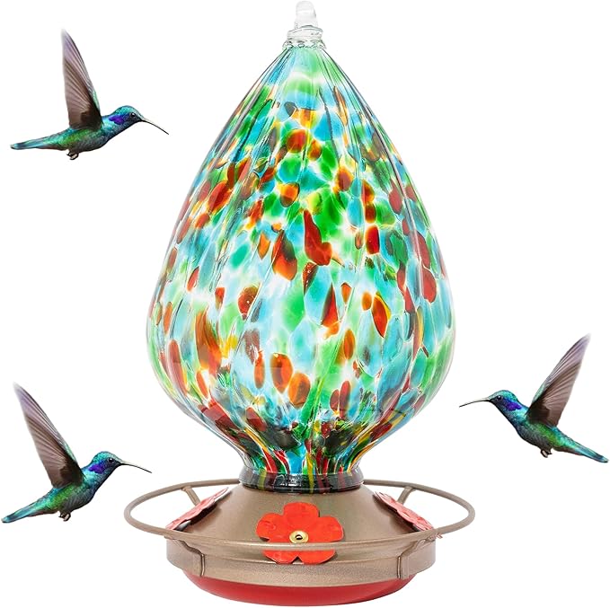 MEKKAPRO Glass Hummingbird Feeders for Outdoors 45oz, Decorative Feeder with Blown Stained Waterdrop Glass Design for Outdoors and Backyard, Easy Fill with 4 Nectar Feeding Flowers (Green)