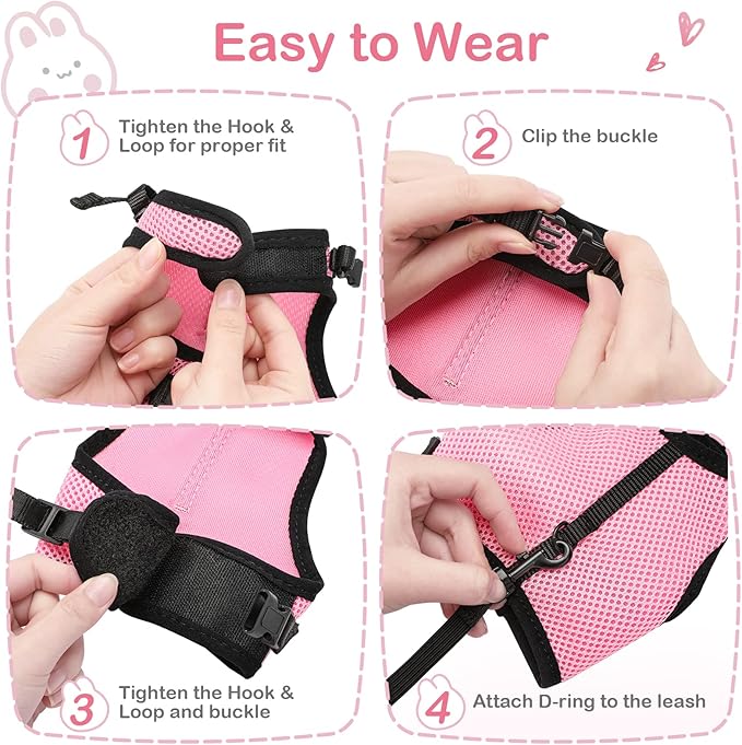 PETTOM Bunny Rabbit Guinea Pig Harness Stretchy Elastic Leash Cute Soft Mesh Small Pet Harness No Pull Comfort Outdoor Walking Jogging Padded Vest for Ferret Guinea Pig (Pink,L)