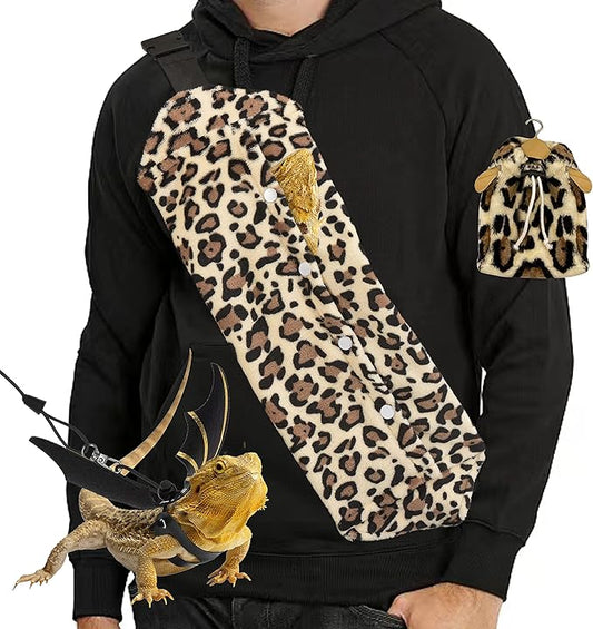 Bearded Dragon Leash and Harness Set, Beardie Carrier, Lizard Adjustable Harness with Leather Wings and Sling Bag, Reptile Small Pet Backpack Batwing Accessories (Leopard Pattern)
