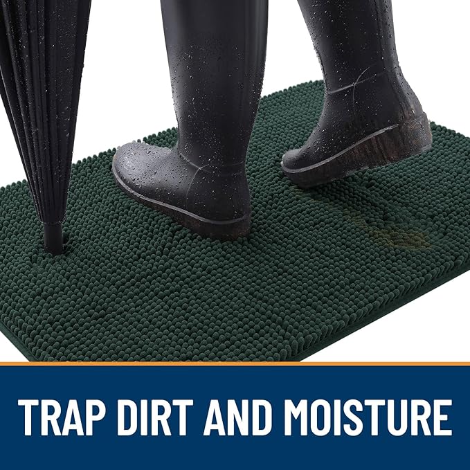 OLANLY Dog Door Mat for Muddy Paws 47x17, Absorbs Moisture and Dirt, Absorbent Non-Slip Washable Doormat, Quick Dry Chenille Mud Mat, Entry Indoor Entryway Carpet for Inside Floor, Blackish Green