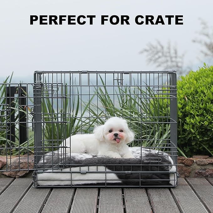 Bedfolks Waterproof Dog Crate Bed,Plush Dog Bed with Removable Washable Cover,Faux Fur Dog Crate Pad for Small Dogs and Cats,Fluffy Dog Kennel Bed 23"x18",Black-White Cowhide