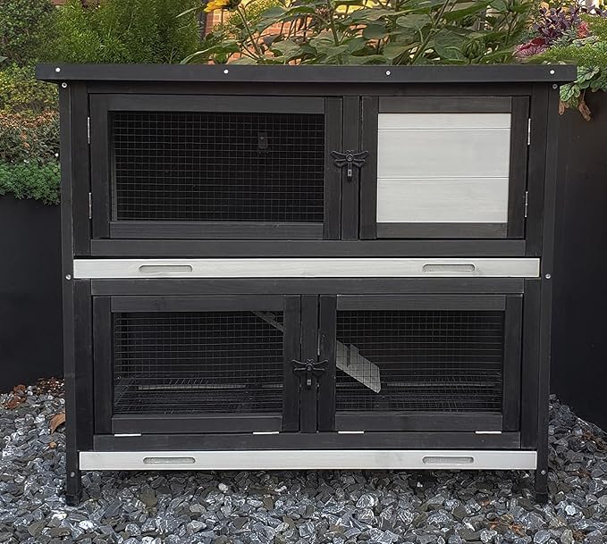 Double Level Solid Wood Rabbit Hutch Small Animal Cage for Rabbits, Guinea Pigs, Hedgehogs & Lizards Indoor/Outdoor– 2-Tier Eco-Friendly Habitat with Bedding Area, Durable & Easy to Clean