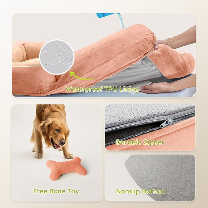 XXL Dog Bed for Extra Large Dogs, Giant Orthopedic Dog Bed with Cooling Gel Memory Foam, Waterproof Pet Bed with Removable Washable Cover, 53" Pet Sofa bed Dutch Velvet with Bone Toy, Peach Pink