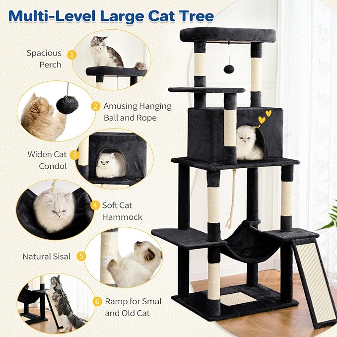 Cat Tree Tower 63in Multi-Level Cat Tower for Indoor Cats with Sisal Scratching Posts, Condo, Hammock, Dangling Ball and Extended Platform for Cats to Play, Black