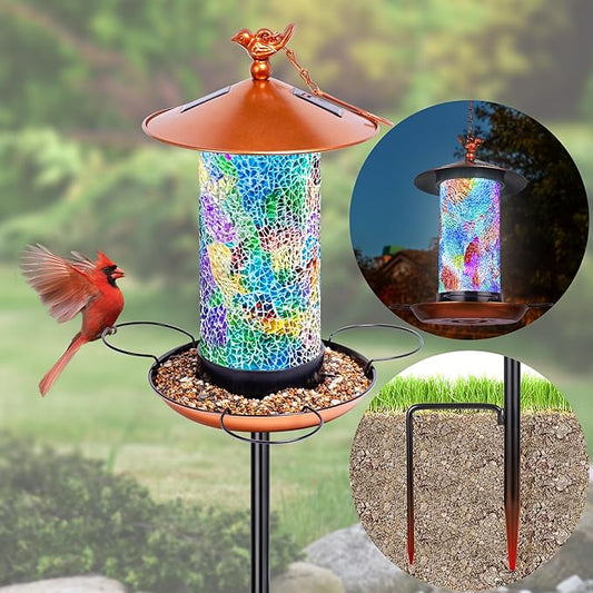 XDW-GIFTS Mosaic Solar Wild Bird Feeder with Pole Kit, Waterproof Lantern Design with Adjustable Heavy-Duty Bird Feeder Post for Outside, Garden- Unique Gifts for Mom,Women, Grandma,Bird Lovers
