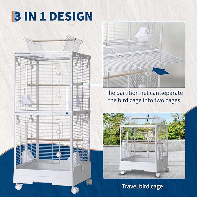 GarveeHome Small Bird Cage with Wheels, 40 Inch Parakeet Cage with Top Stand, 3 in 1 Bird Carrier for Parakeets, Canaries, Lovebirds, Small Quaker, Cockatiels, Budgie, Green Cheek,Conure