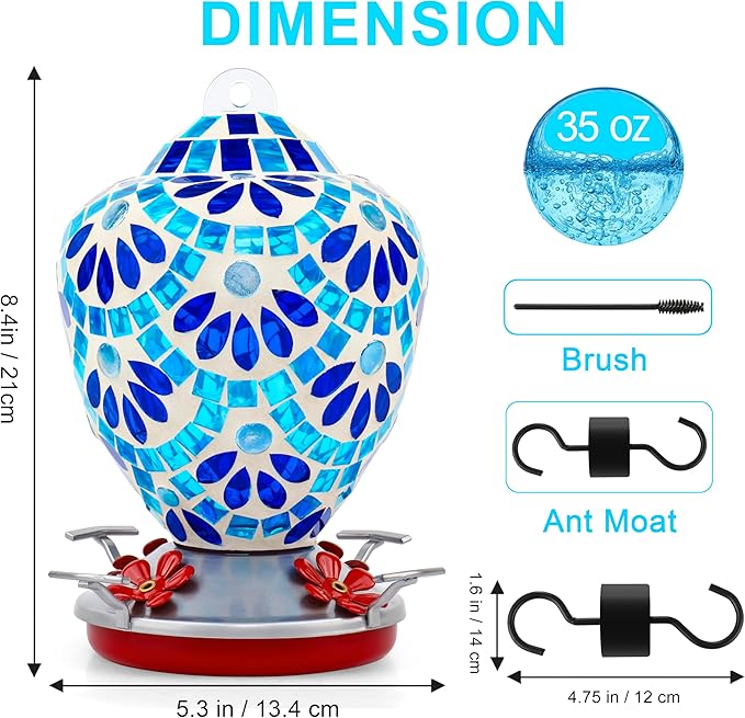 VOREEN Glass Mosaic Hummingbird Feeders, 34OZ with Ant Moat & 4 Feeding Ports, Hand Blown Glass Outdoor Hanging Bird Feeder, Porch Garden Backyard Decor, Gift for Mom Wife Friend, Blue Flowers Design