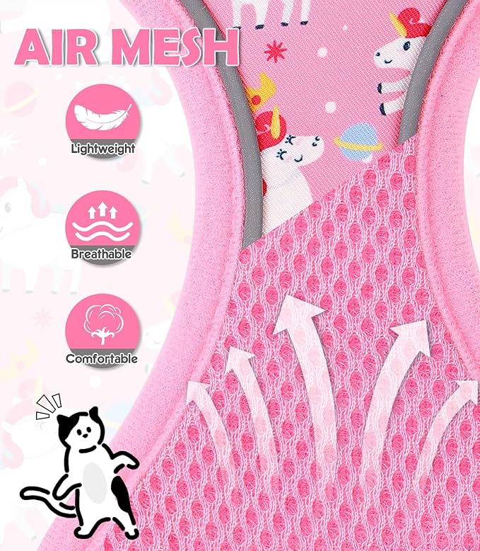 Halypet Cat Harness and Leash Set[MAX Safety 4th-Gen] Cute Escape Proof Vest Harness for Girl&Boy Cat Walking, Comfortable Adjustable Leash and Reflective Strips for Outdoor Kitten, XS Pink Unicorn