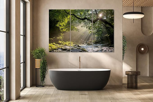 Nature Wall Art Prints - Ocean Forest Mountain Lake Canvas Landscapes - Small to Extra Large Living Room Bedroom Kitchen Bathroom Décor (Rocky River in the Woods, 47L" x 71W" - 3 panels)