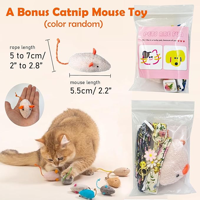 2 Pack Cotton Breakaway Cat Collars Set with Bell and Flower Pendant, Cute Floral Fruit Patterned, Adjustable 7.5-11Inch, Include A Mouse Toy Gift (Watermelon Blueberry)