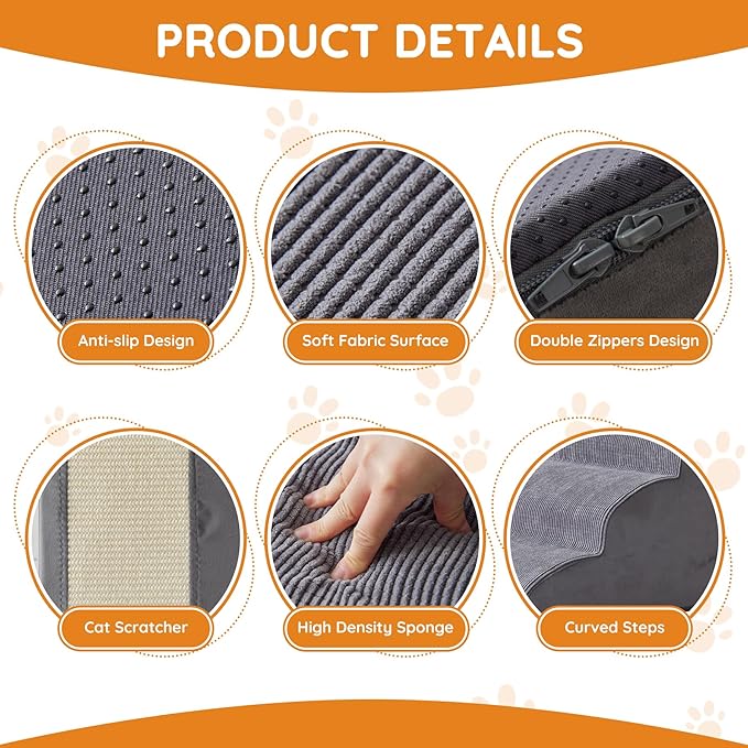 Dogs Steps for Bed, Dog Stairs for Small Dogs, 2-Step Dog Ramp for Bed, Couch, Sofa, and Chairs, Non-Slip Bottom Design, Cat Scratching, High Density Foam Portable Pet Step, Indoor, Grey