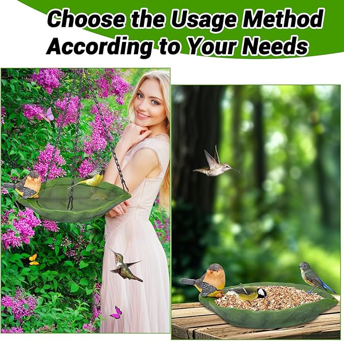 Bird Bath for Outdoor, Hanging Ground Birdbath Feeder Bowl with Bird Statue, Resin Leaves Birdfeeder Bath for Outside Garden Yard Patio Decor (Leaves)