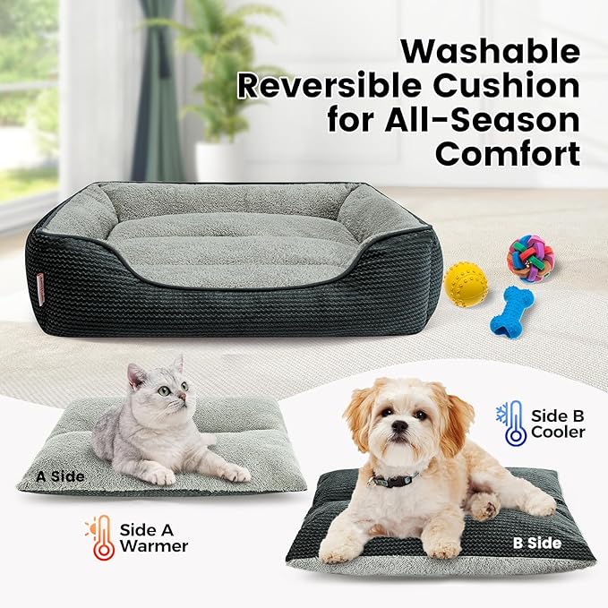 Miguel Dog Bed with Removable Cushion/Pillow for Medium Small Dogs, Washable Pet Bed with Side Easy to Wash Puppy Bed, Large Rectangle Cat Bed for Indoor Cat with Anti-Slip Bottom, Dark Gray 35 Inch