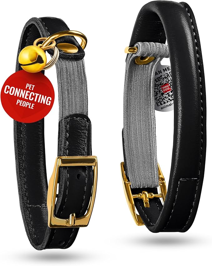 WAUDOG Ultra Soft Rolled Leather Cat Collar with Removable Bell, Safety Elastic Strap and QR ID Tag - Soft Padded for Small, Medium, and Large Cats - Round Kitten Collar for Male and Female Cats