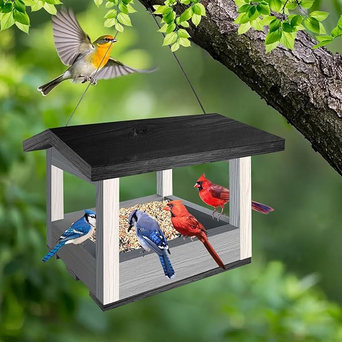 Wooden Hanging Bird Feeder Tray – Outdoor Platform Feeder for Cardinals, Squirrels, and Small Birds – Bird House Style for Backyard Garden (Grey)