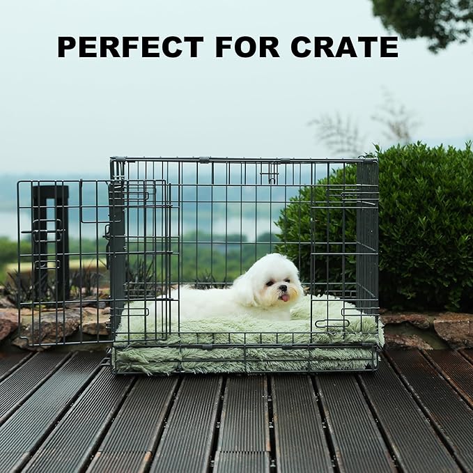 Bedfolks Waterproof Dog Crate Pad, Plush Dog Kennel Bed with Removable Cover, Faux Fur, Washable, 23"x18", Sage Green