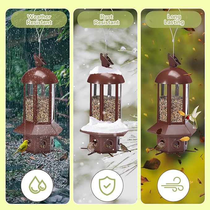 Professional Squirrel Proof Bird Feeders - Sorflife Large Capacity 5.06 lbs, Reliable and Rust Resistant Metal Bird Feeding Station for Prevents Squirrels from Stealing Food and Easy Refilling Brown