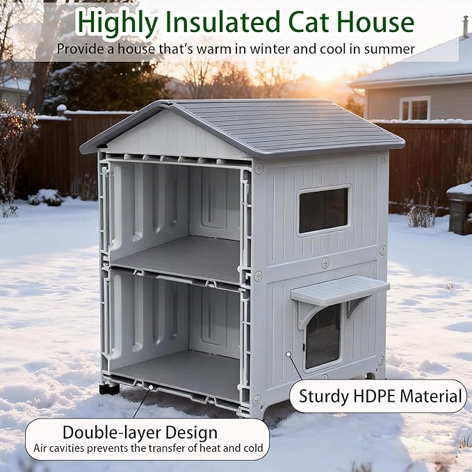 Rockever Plastic Outdoor Cat House with Insulated Liner, 100% Insulated Outdoor Cat Houses for Winter, Waterproof 2 Story Outside Cat Shelter, Clean and Assemble Easily-White