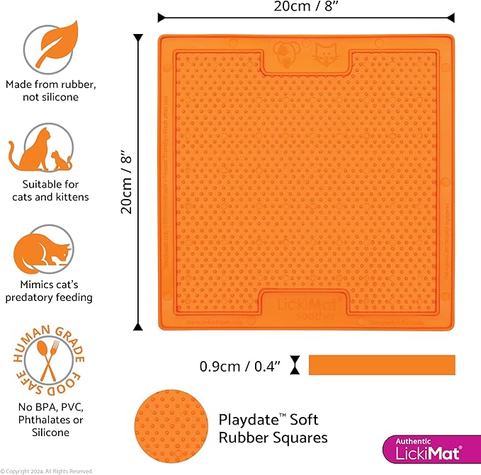 LickiMat Classic Soother, Cat Slow Feeder Lick Mat, Boredom Anxiety Reducer; Perfect for Food, Treats, Yogurt, or Peanut Butter. Fun Alternative to a Slow Feed Cat Bowl or Dish, Orange