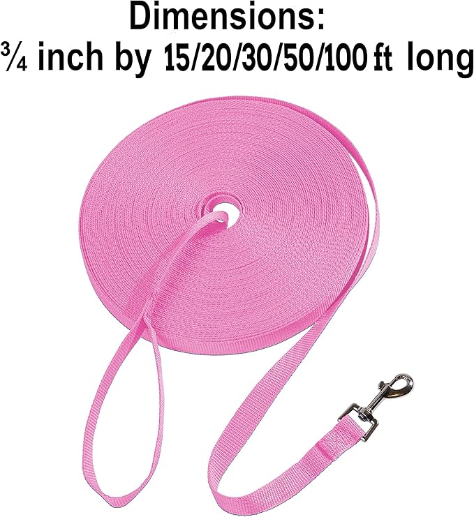 Hi Kiss Dog/Puppy Obedience Recall Training Agility Lead - 15ft 20ft 30ft 50ft 100ft Training Leash - Great for Training, Play, Camping, or Backyard - Pink 15ft