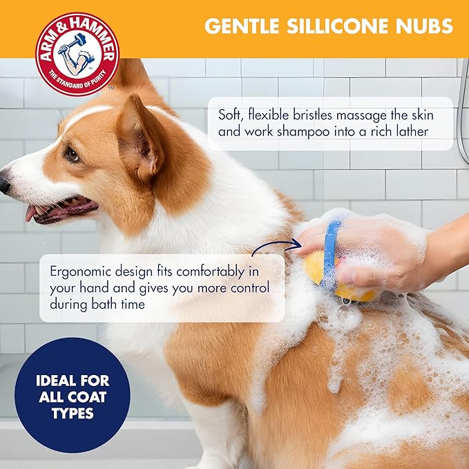 Arm & Hammer Simply Grooming Soap Dispensing Dog Bathing Palm Brush for All Hair Types, Pair with Your Favorite Shampoo, Easy Grip Scrubber for Dogs