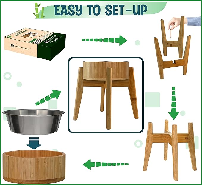 Raised Dog Bowl - Elevated 12-inch, Ideal for Large Breeds - Treats, Dry and Wet Foods Suitable - Deter Ants/Bugs, Tip-Over Resistant Stand - Steel and Bamboo