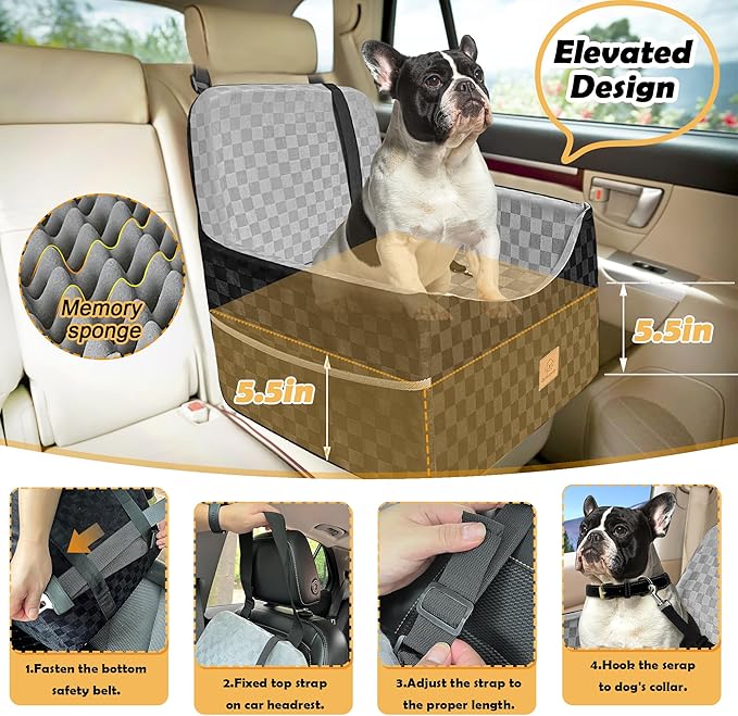 Dog Car Seat for Small and Medium Dogs Up to 35 lbs –Memory Foam Dog Booster Seat with Safety Leash & Storage Pockets, Fits Front & Back Car Seats, Removable Washable Cover - Black & Gray