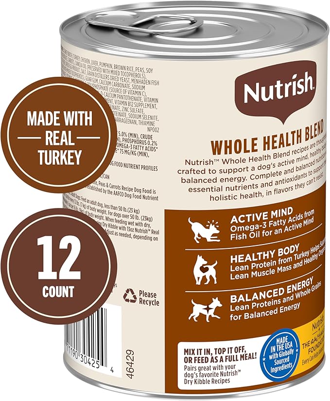 Nutrish Rachael Ray Wet Dog Food Chunks in Gravy Real Turkey, Brown Rice, Peas & Carrots Recipe, 13 oz. Can