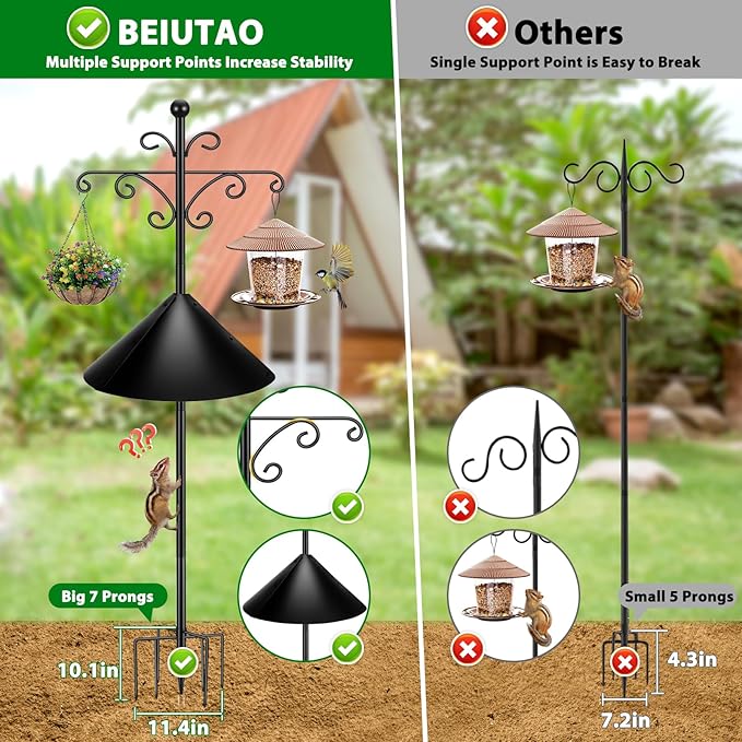 Bird Feeder Pole for Outdoors Heavy Duty Squirrel Proof, 2 Pack 108 Inch Adjustable Tall Shepherds Hooks for Outdoor with 7 Prongs Base, Double Shepherd Hooks (2 Pack Black, 108 Inch)
